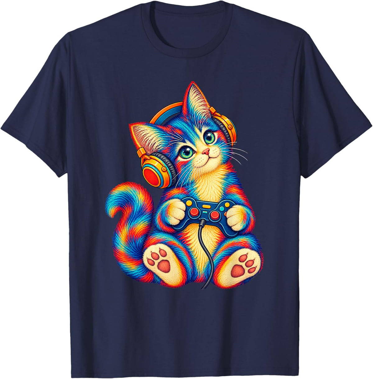 Blue and Yellow Tuxedo Kitten with Headphones and Controller T-Shirt - Navy Blue