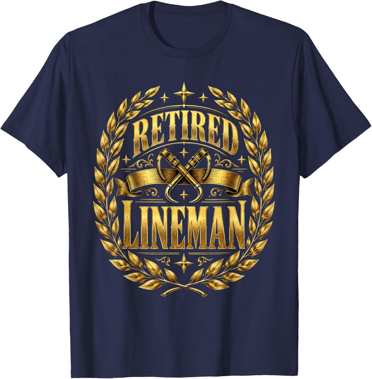 Retired Lineman Golden Laurel Emblem T-Shirt - Navy Blue