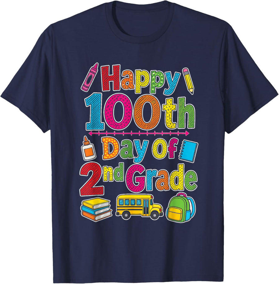 2nd Grade Happy 100th Day of Elementary School Kids T-Shirt - Navy Blue