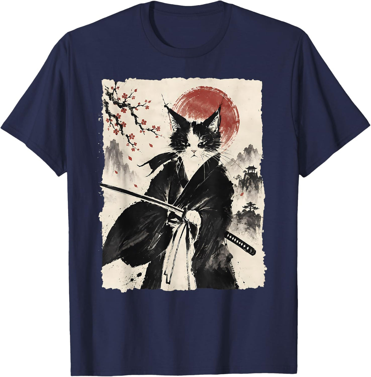 Japanese Samurai Cat Warrior Feline Katana Sumi e Ink Retro T-Shirt - Navy Blue