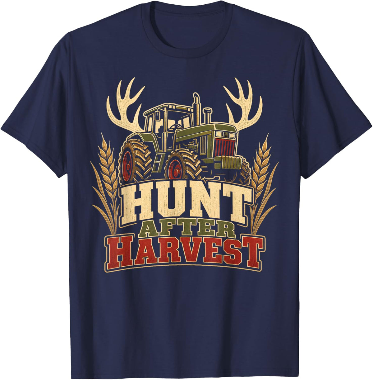 Hunt After Harvest Vintage Tractor Farming T-Shirt - Navy Blue