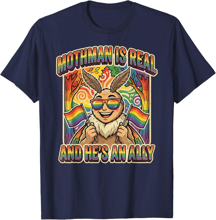 He's an Ally Cryptozoology Folklore Cryptid Gay LGBT Mothman T-Shirt - Navy Blue