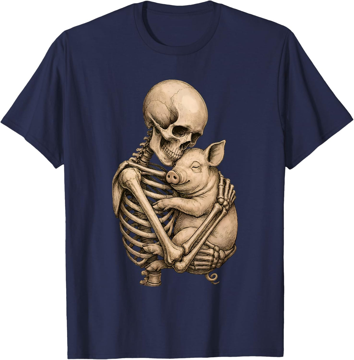 Cute Skeleton Hugging Pig Vintage Gothic Pig Lover Funny T-Shirt - Navy Blue