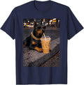 Funny Cool Doberman Dog Drinking Iced Coffee Animal Lover T-Shirt - Navy Blue
