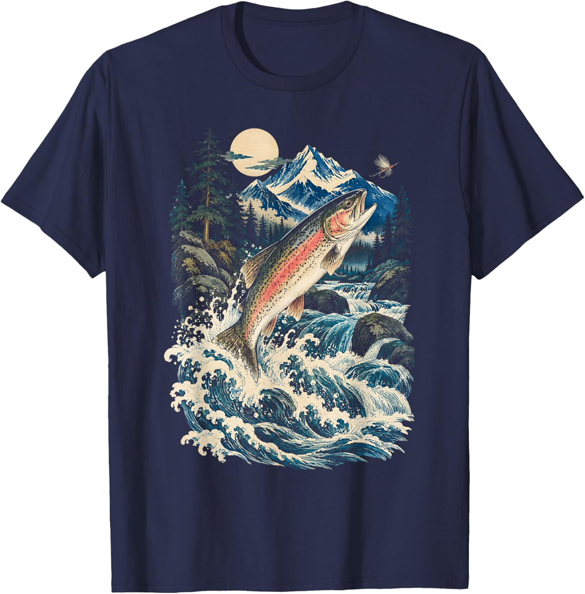 Rainbow Trout Fly Fishing Mountain Stream Nature T-Shirt - Navy Blue