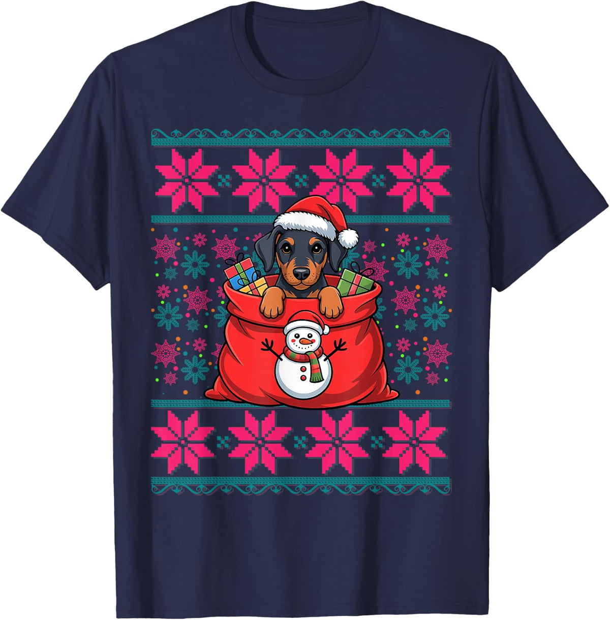 Ugly Christmas Pajama Women Boys Girls Doberman Pinscher Dog T-Shirt - Navy Blue