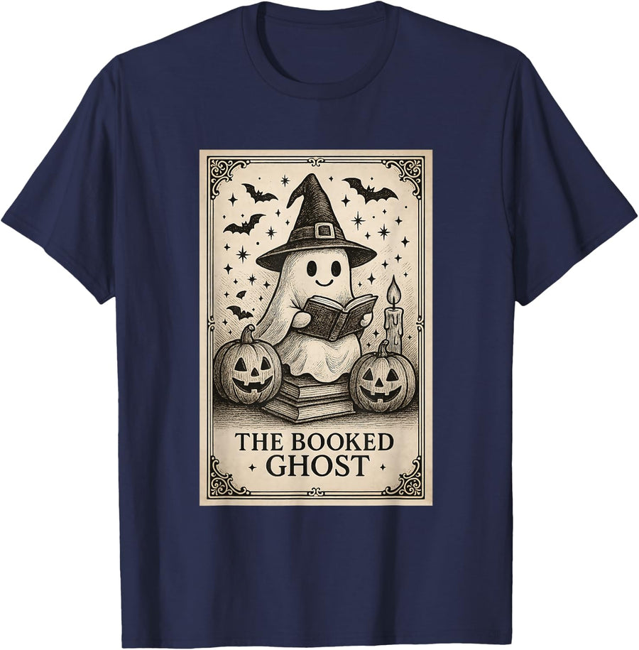Halloween Reading Ghost Witch Book Lover Funny Costume T-Shirt - Navy Blue