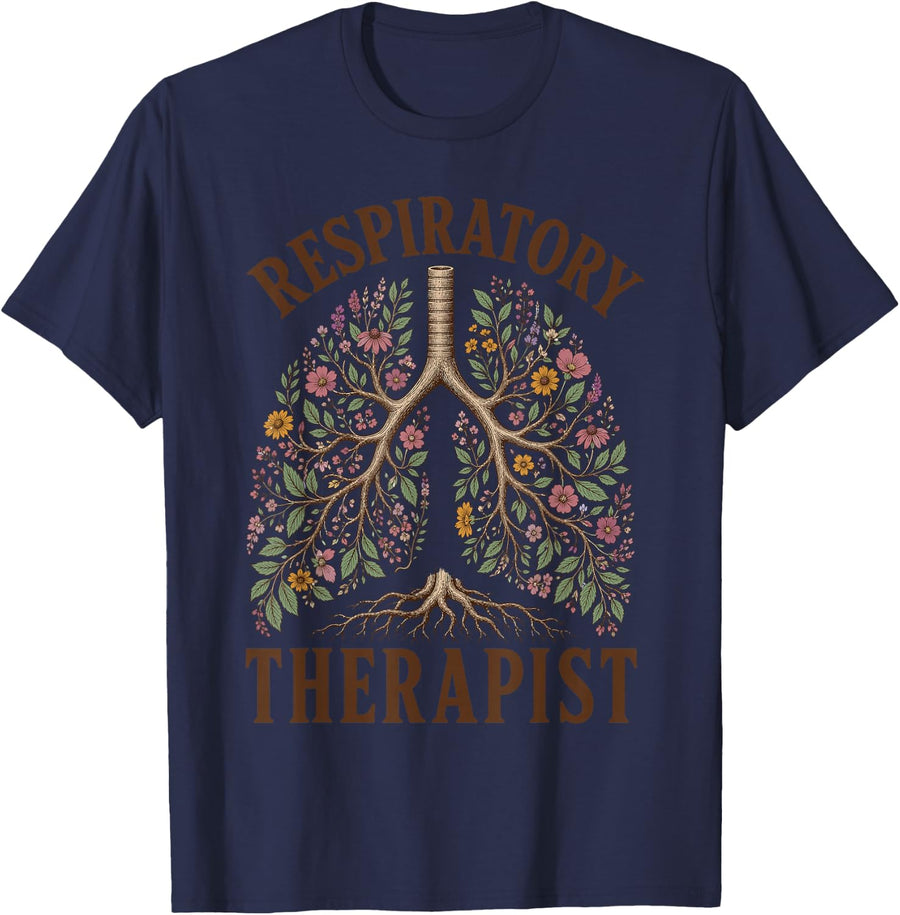Respiratory Therapist Lungs Tree Flowers T-Shirt - Navy Blue