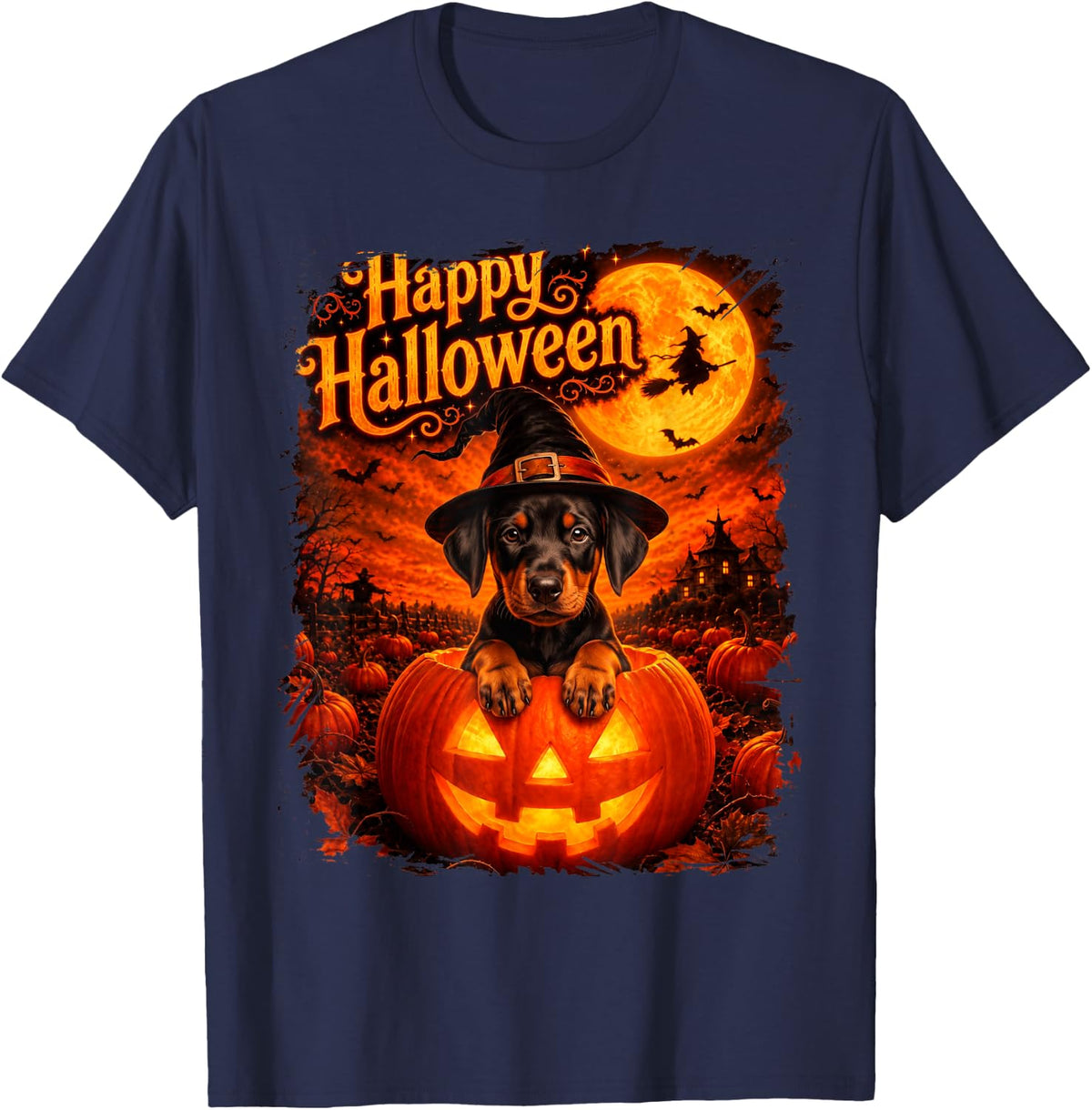 Cute Doberman Pinscher Dog Happy Halloween Night T-Shirt - Navy Blue