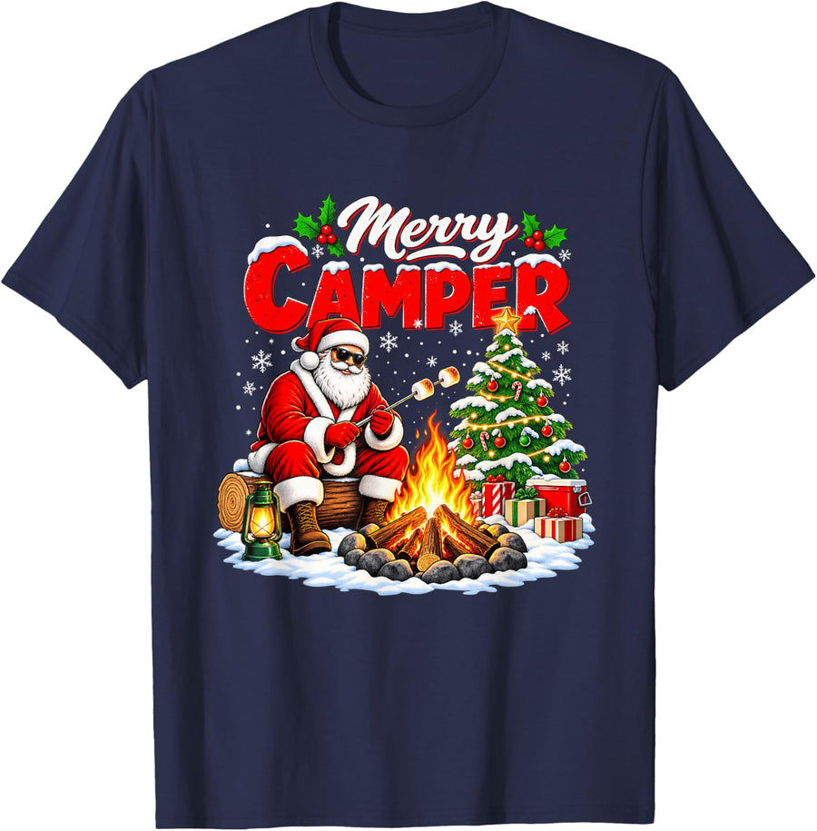 Merry Camper Christmas Santa Camper Marshmallow Camping Long T-Shirt - Navy Blue