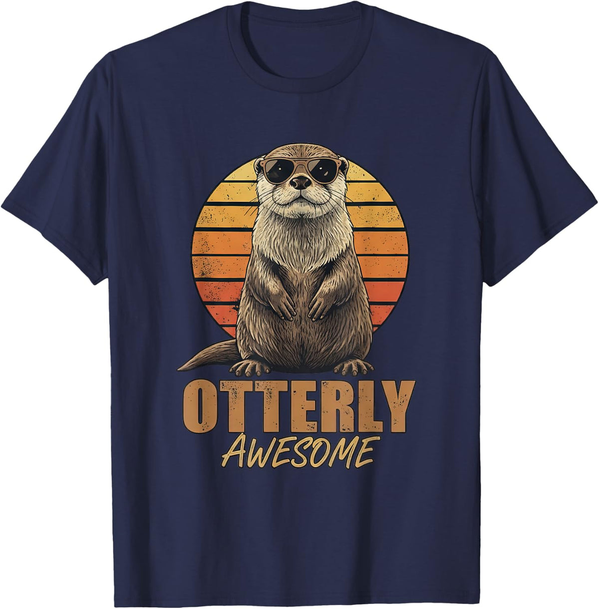 Otterly Awesome Retro Sunset Sea Otter Lover Graphic T-Shirt - Navy Blue