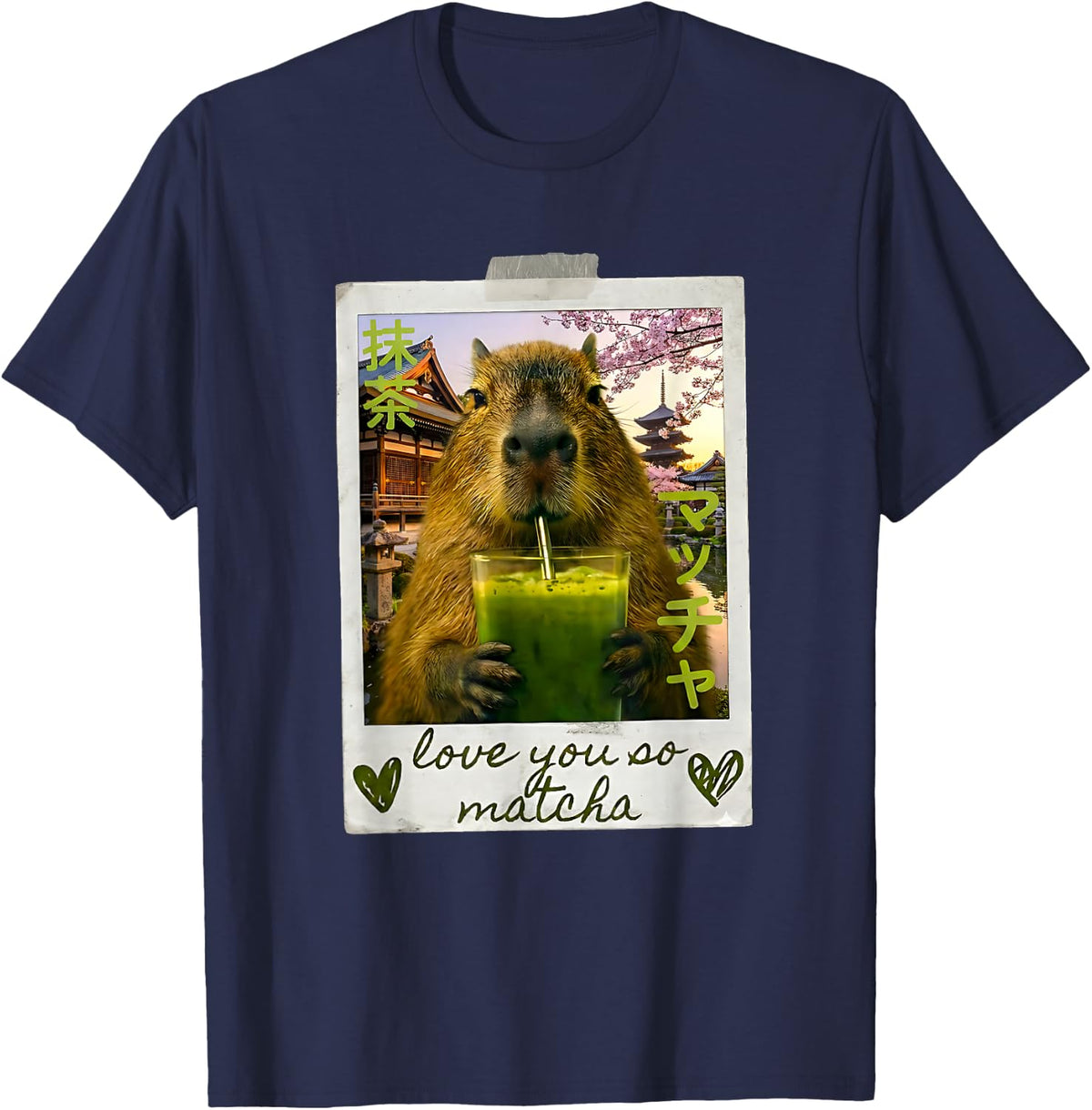 Funny Capybara Love You So Matcha Japan Aesthetic Meme T-Shirt - Navy Blue