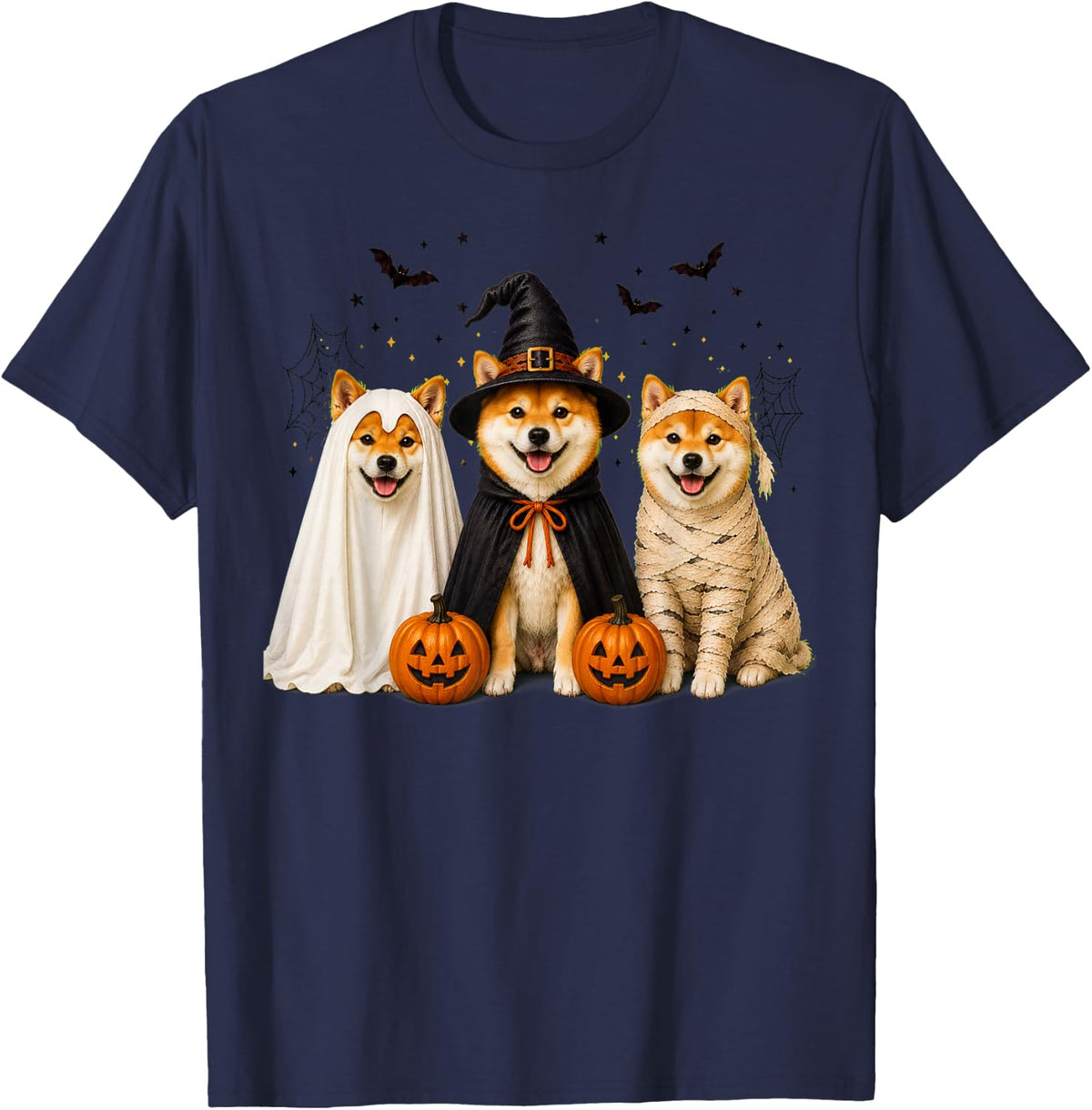 Retro Shiba Inu Dog Witch Scary Halloween Pumpkin T-Shirt - Navy Blue