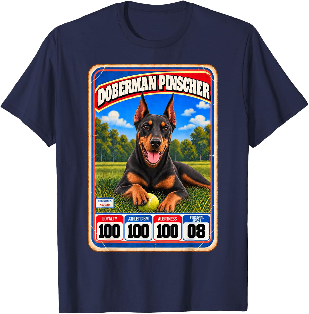 Doberman Pinscher Vintage 70s 80s Sports Trading Card T-Shirt - Navy Blue