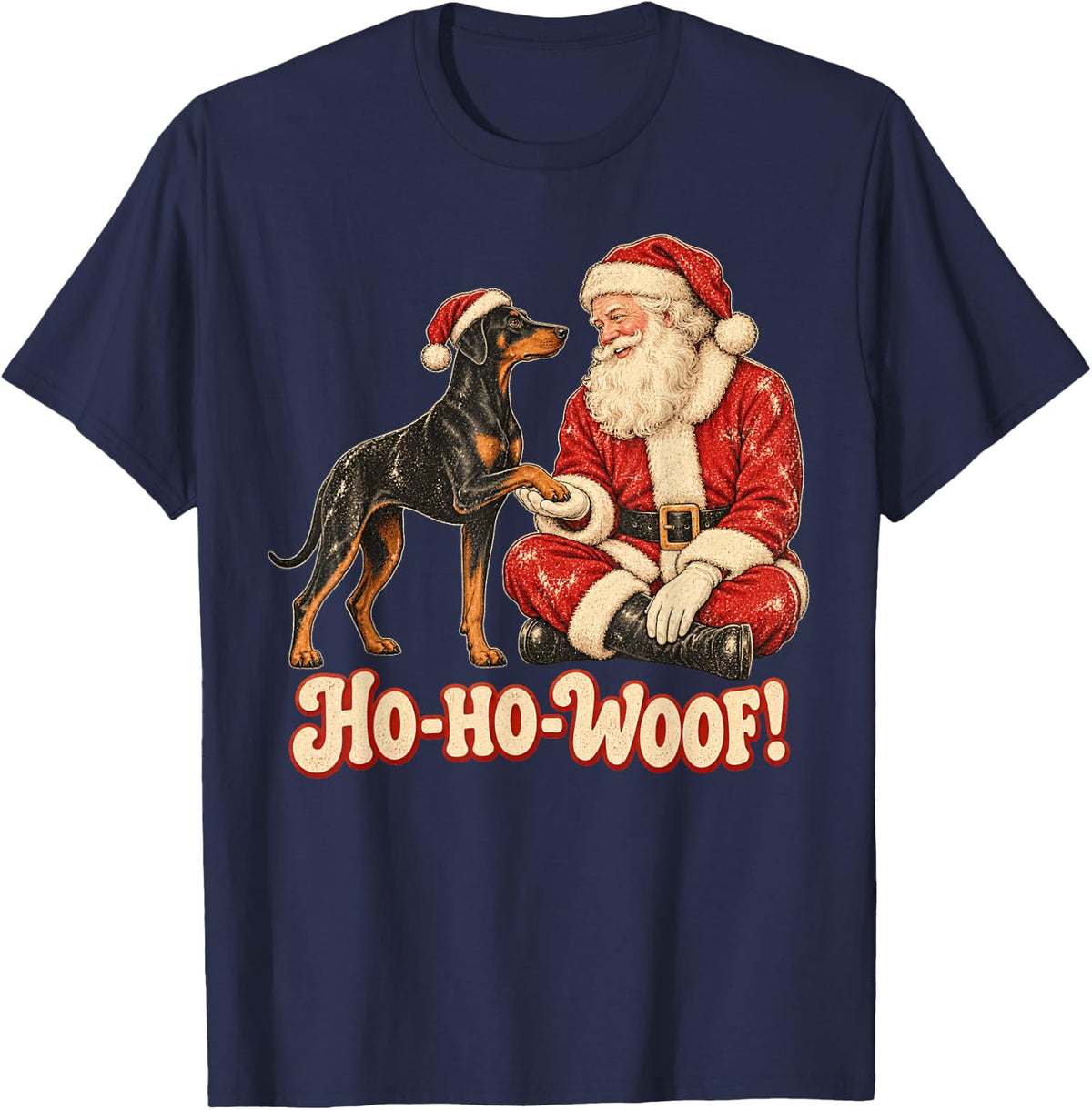 Santa Doberman Pinscher Dog Lover Christmas Ho Ho Woof T-Shirt - Navy Blue