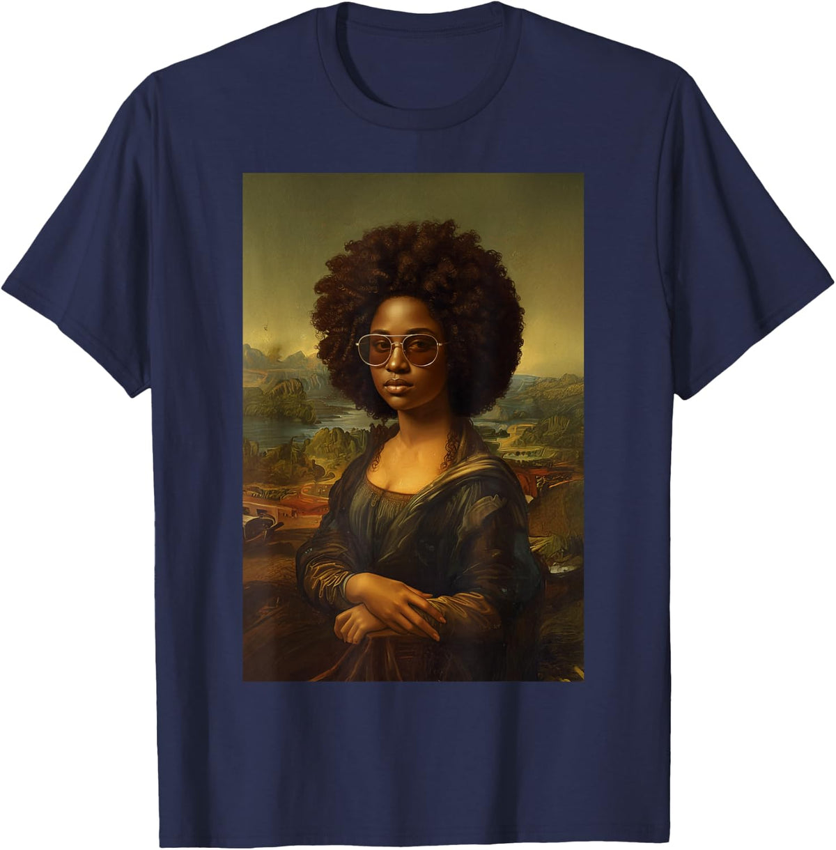 Black Mona Lisa Afro African American Black History Month T-Shirt - Navy Blue