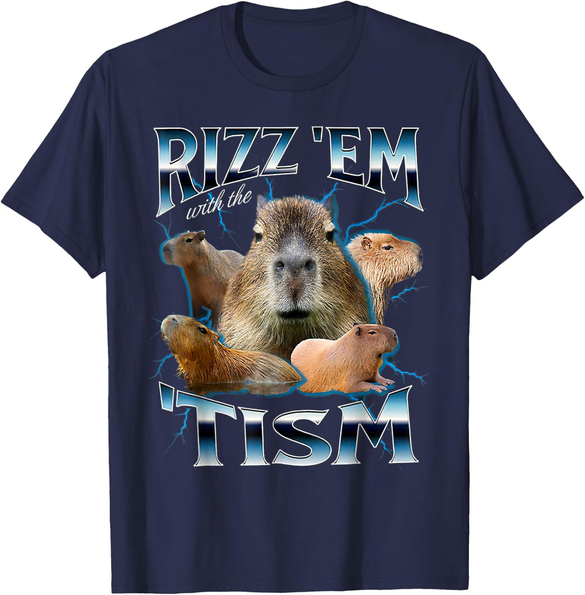 Rizz Em with The Tism Capybara Funny Oddly Dank Meme T-Shirt - Navy Blue