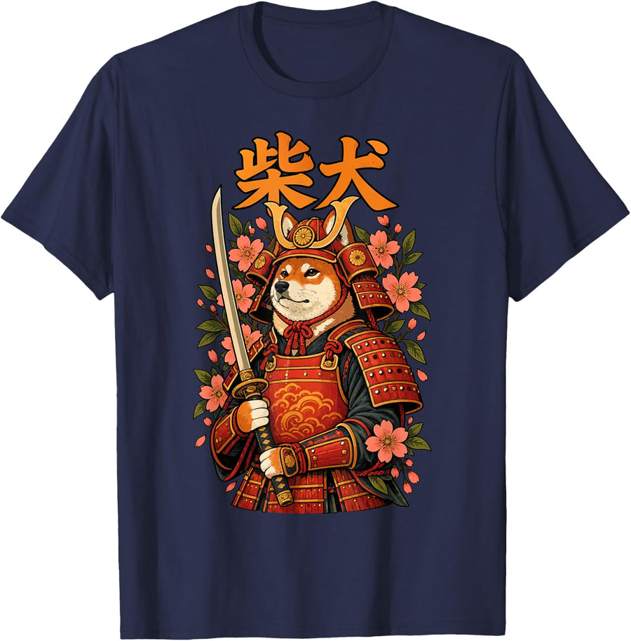 Shiba Inu Samurai Warrior Dog Japanese Sakura Katana Bushido T-Shirt - Navy Blue