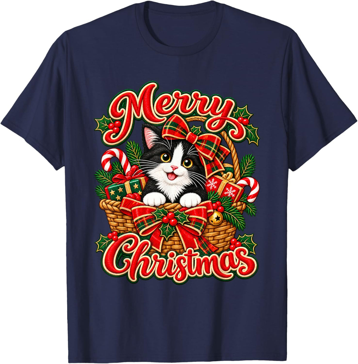 Merry Christmas Cheerful Cat Plaid Bow T-Shirt - Navy Blue
