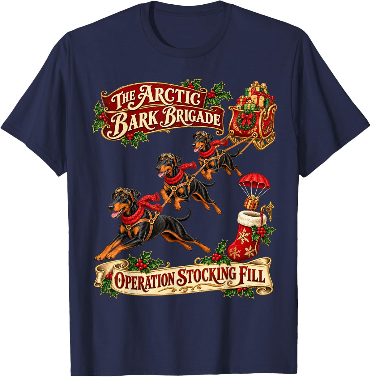 Doberman Pinscher Dog Cute Xmas Flying Sleigh T-Shirt - Navy Blue