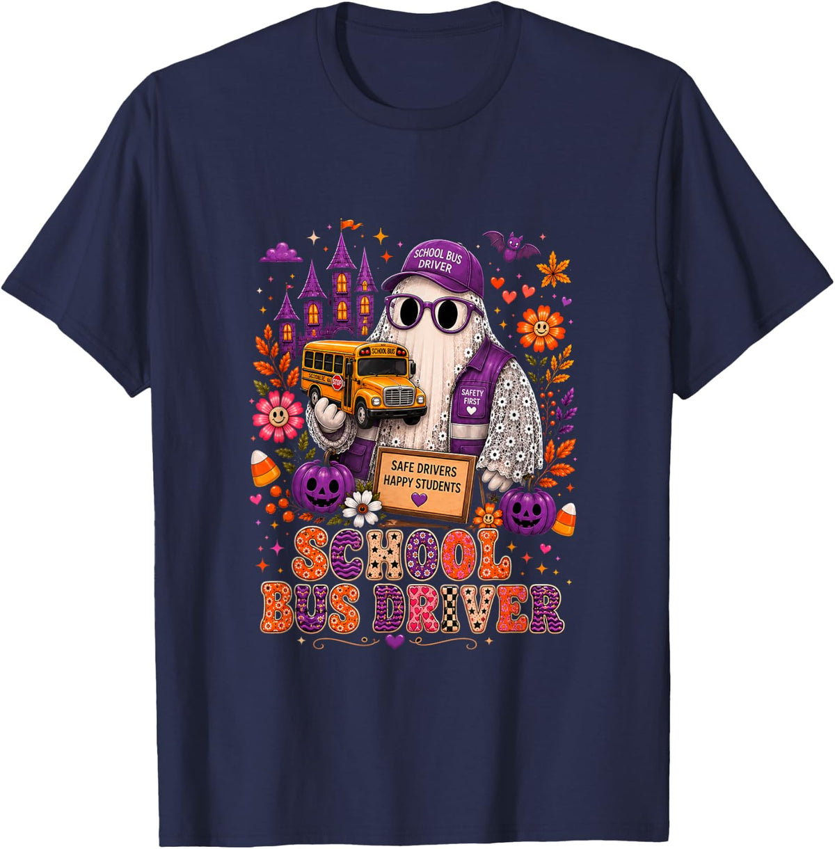 School Bus Driver Halloween Colorful Floral Boo Proud Job T-Shirt - Navy Blue