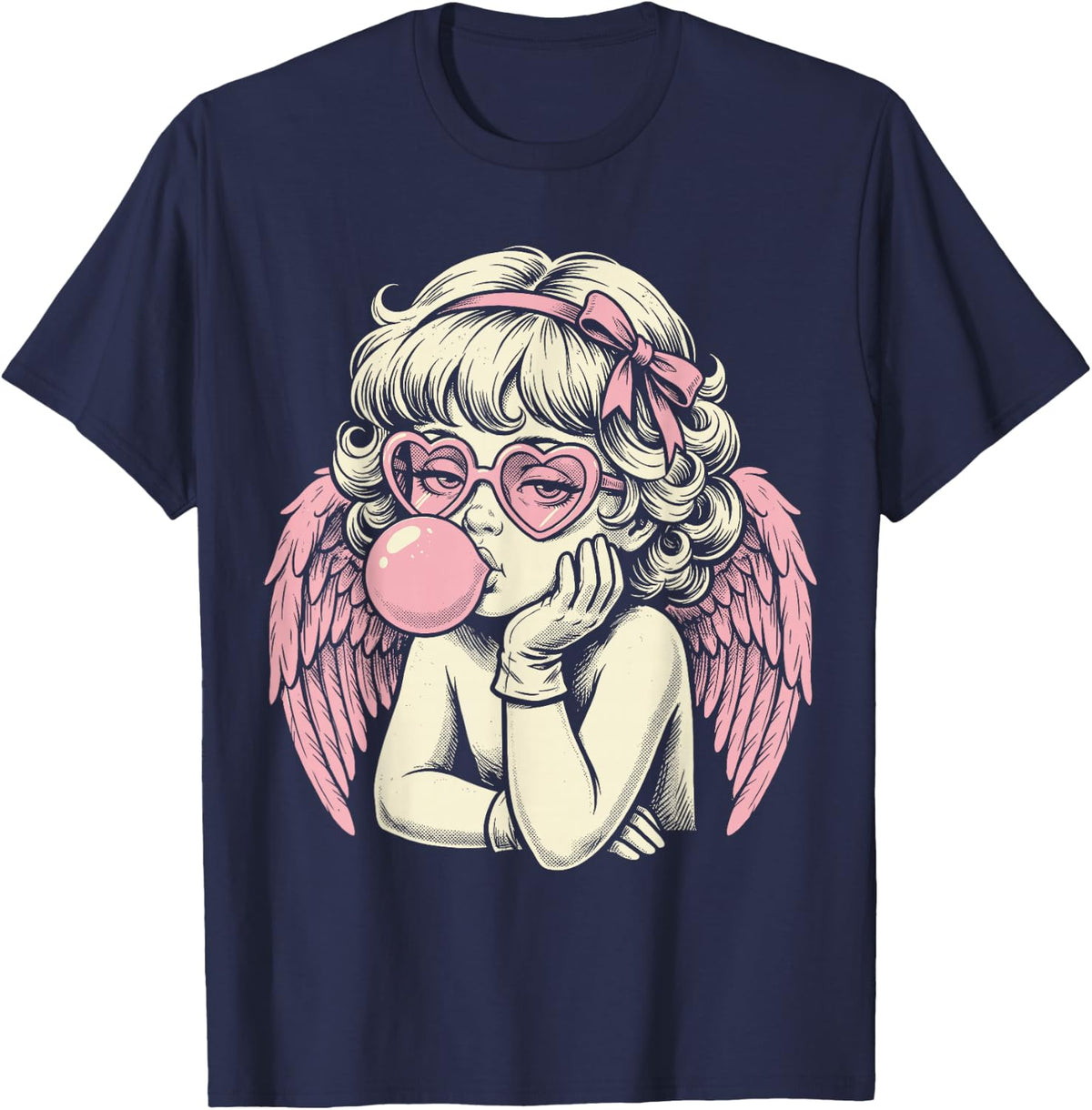 Cute Vintage Cupid Blowing Bubble Gum T-Shirt - Navy Blue