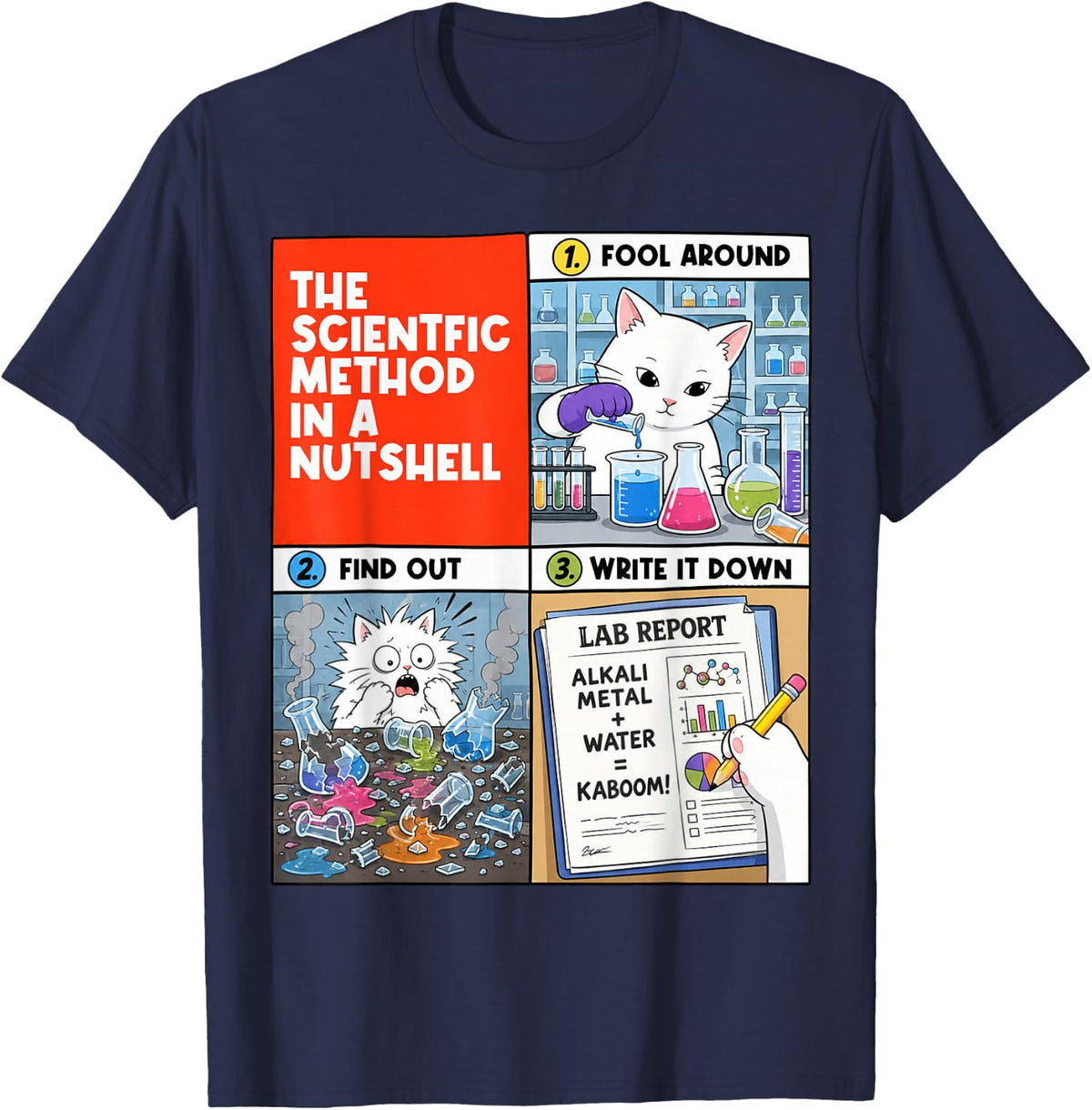 The Scientific Method in A Nutshell Science Cat Chemistry T-Shirt - Navy Blue