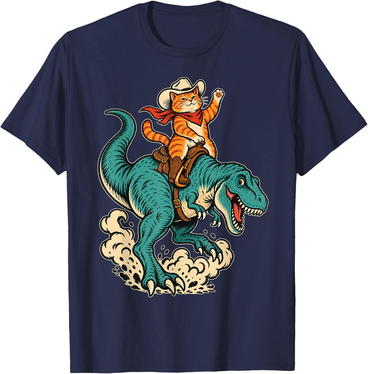 Cowboy Tuxedo Cat Riding T Rex Moonlit Desert T-Shirt - Navy Blue