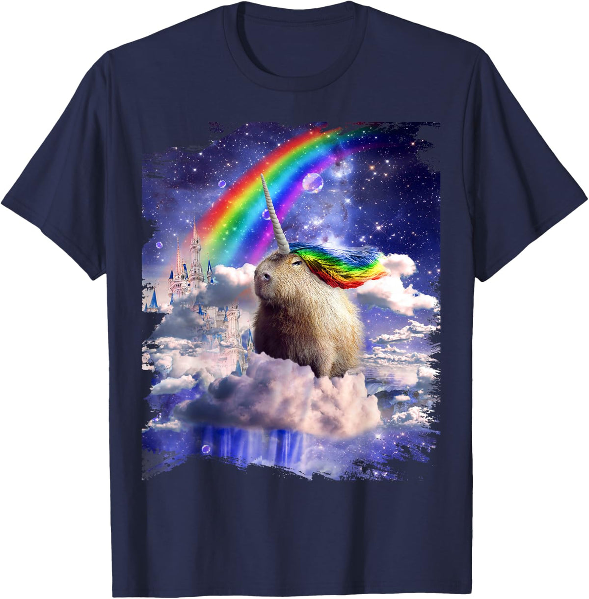Capybaricorn Capybara Unicorn in Clouds Space Rainbow T-Shirt - Navy Blue