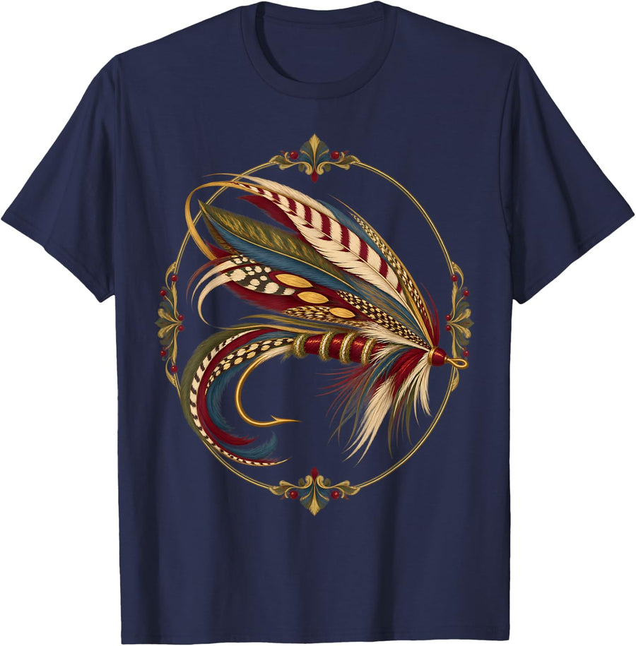 Ornate Salmon Fly Feather Vintage Fly Tying Angler Art T-Shirt - Navy Blue