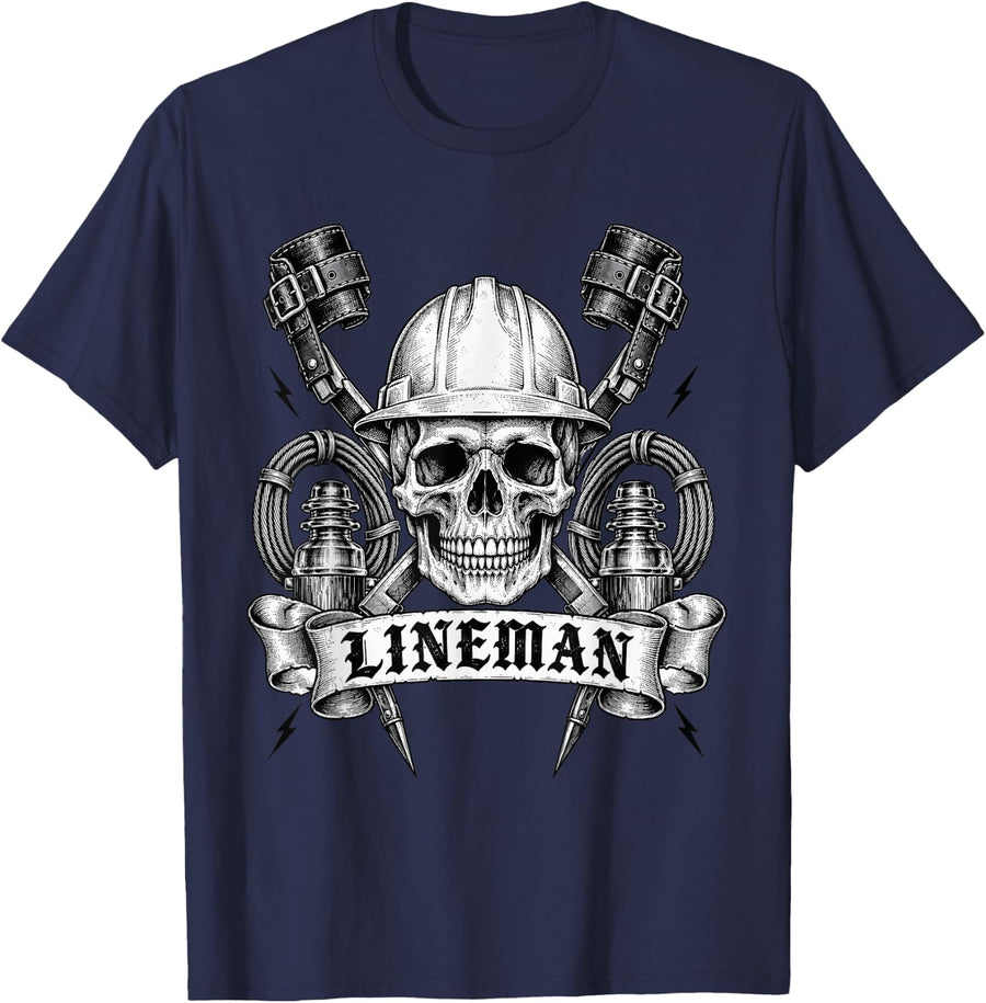 Lineman Skull with Hard Hat and Tools T-Shirt - Navy Blue