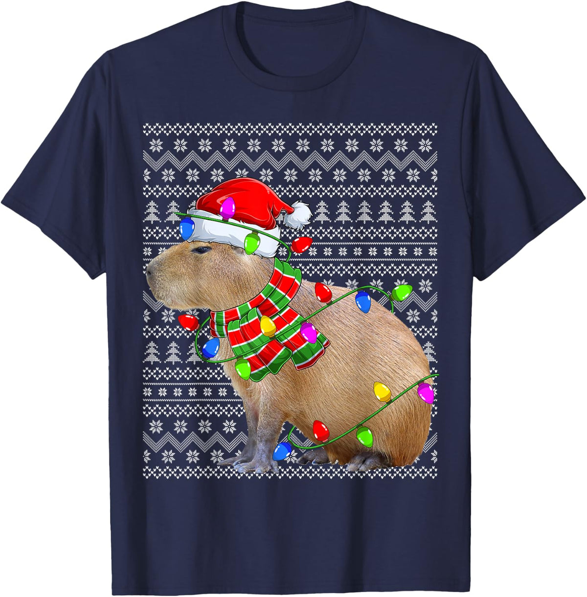 Capybara Ugly Xmas Lighting Santa Capybara Christmas T-Shirt - Navy Blue