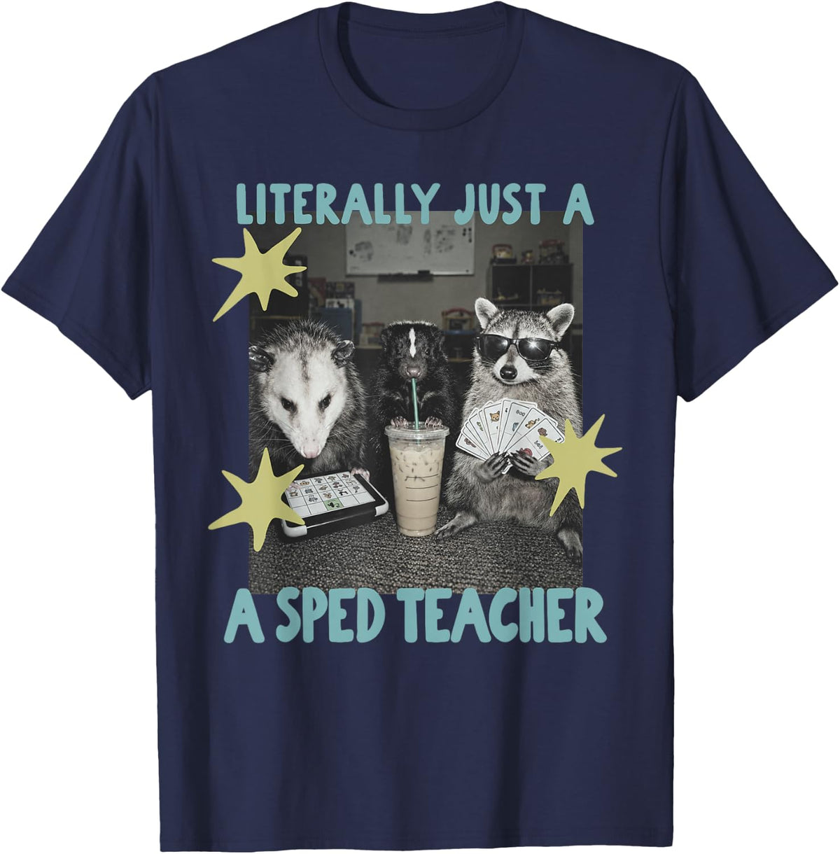 Literally Just A SPED Teacher Raccoon Opossum Rat Meme Retro T-Shirt - Navy Blue