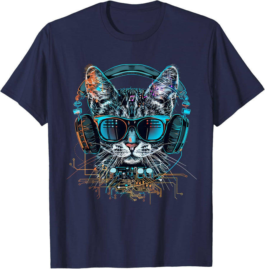 DJ Cat Beatmaker EDM Cat Music DJ Techno Music Headphones Men Women Kids T-Shirt - Navy Blue
