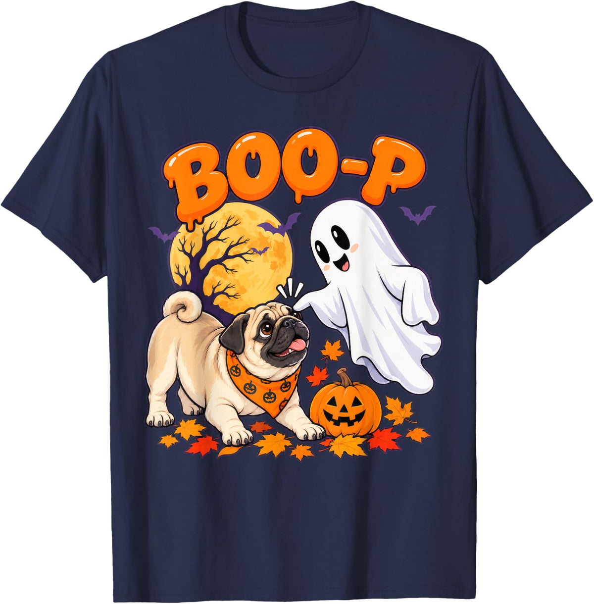 Boo Boo-P Pug Ghost Halloween Dog Lover Cute Spooky Fun T-Shirt - Navy Blue