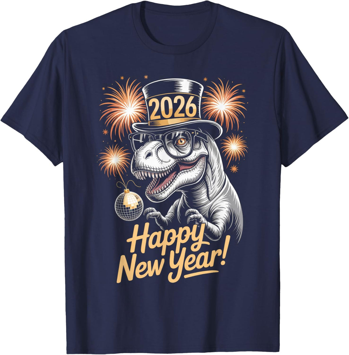 Happy New Year 2026 Dinosaur Funny T-Rex Tee for Kids Teens T-Shirt - Navy Blue