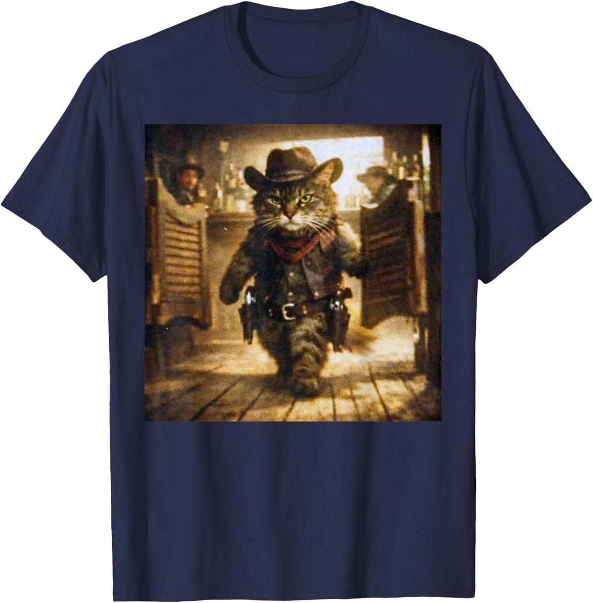 Cat Cowboy Western Saloon Funny Cat Meme Retro T-Shirt - Navy Blue