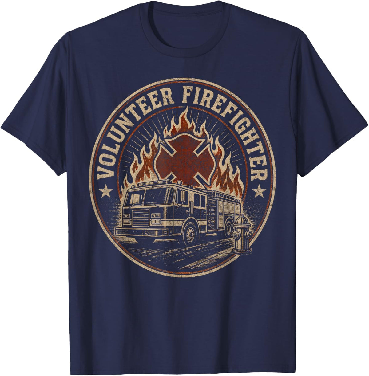Volunteer Firefighter Maltese Cross Engine T-Shirt - Navy Blue