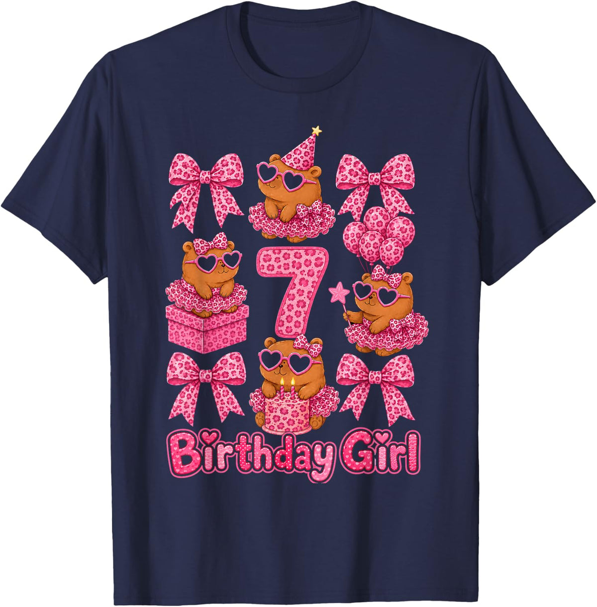 7th Birthday Girl Capybara Coquette Bow Leopard Tutu 7 Year T-Shirt - Navy Blue