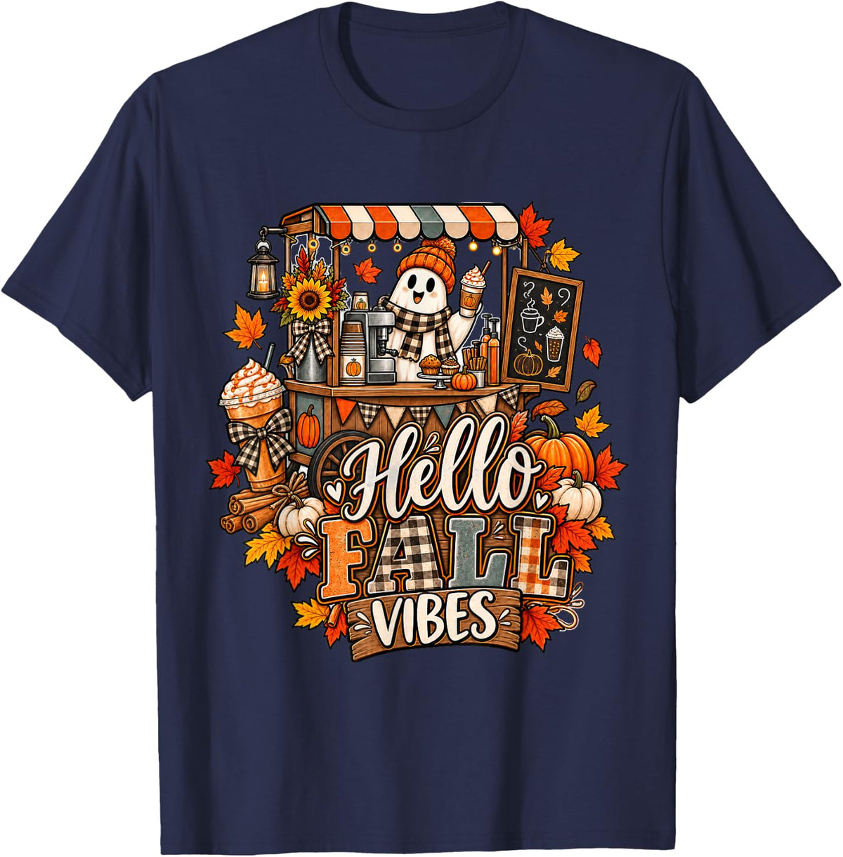 Hello Fall Vibes Pumpkin Spice Coffee Ghost Thanksgiving T-Shirt - Navy Blue