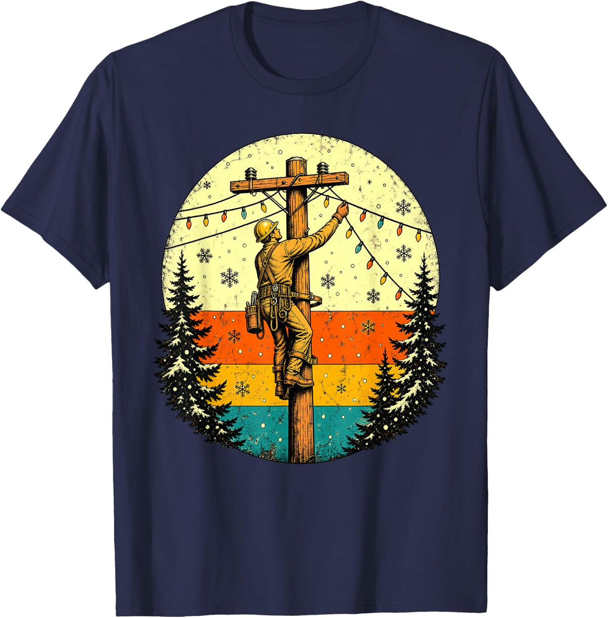 Lineman Christmas Lights Power Lineman Vintage T-Shirt - Navy Blue