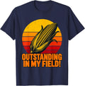 Outstanding in My Field Corn Pun Farmer Dad Retro Sunset T-Shirt - Navy Blue