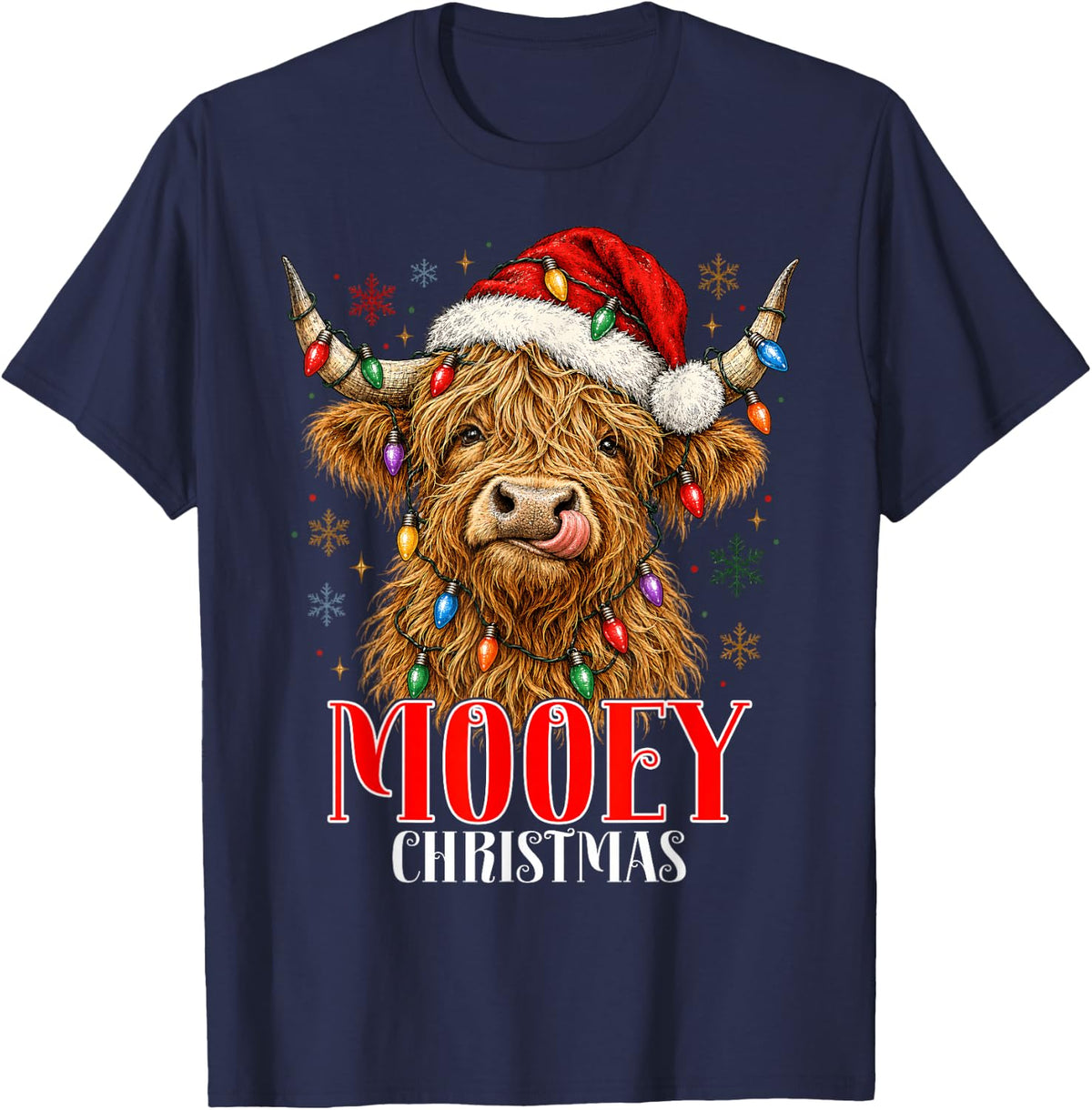Western Mooey Christmas Santa Highland Cow Farm Animals Xmas T-Shirt - Navy Blue