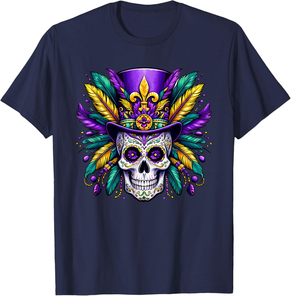 Mardi Gras Sugar Skull Carnival Voodoo Men Women Costume T-Shirt - Navy Blue