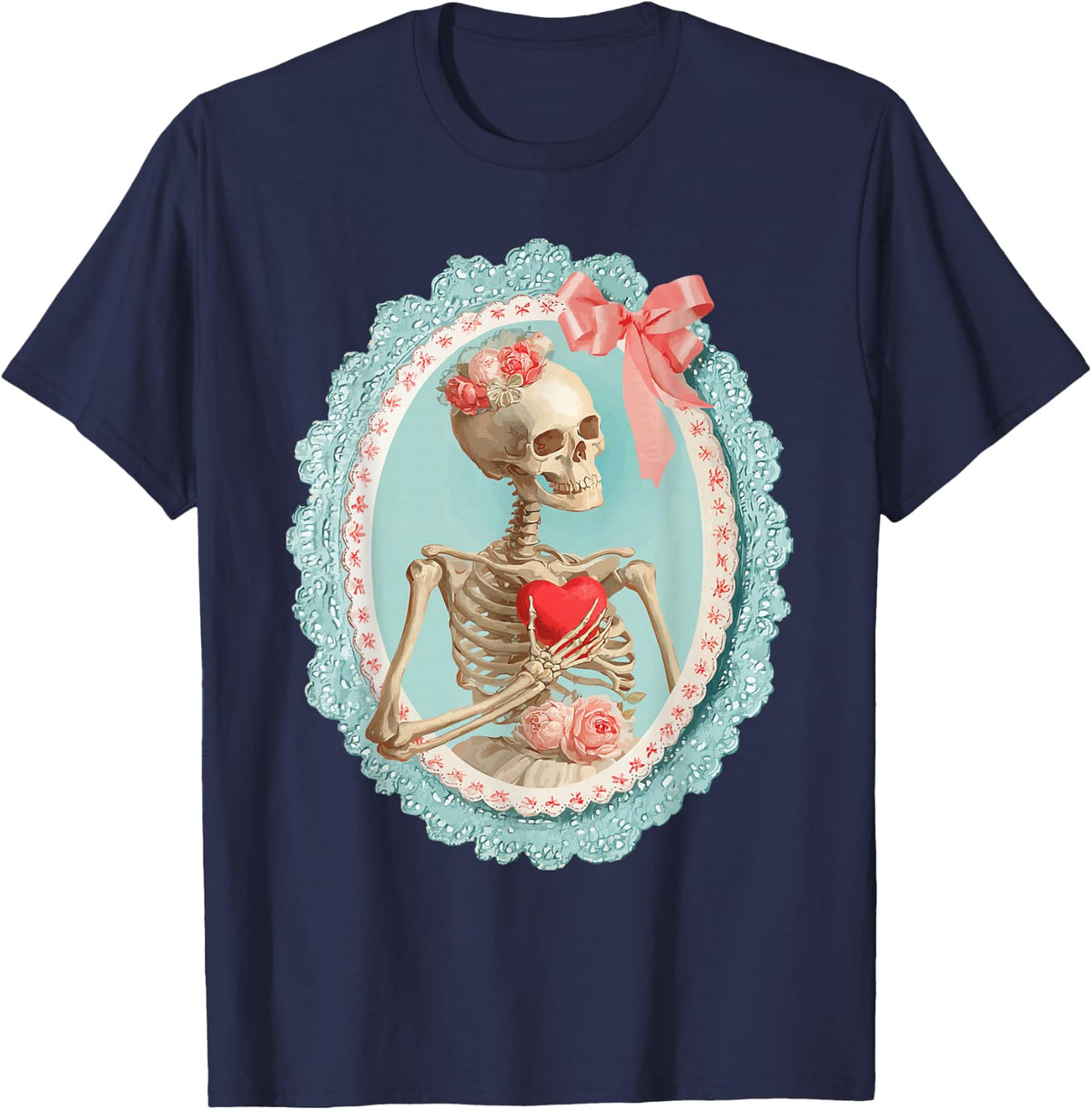 Skeleton with Heart Victorian Gothic Romantic Valentines Day T-Shirt - Navy Blue