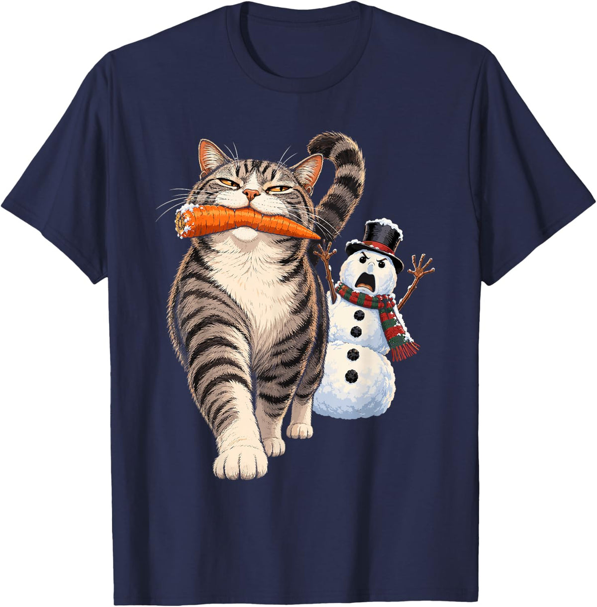 Snowman Carrot Nose - Cat T-Shirt - Navy Blue