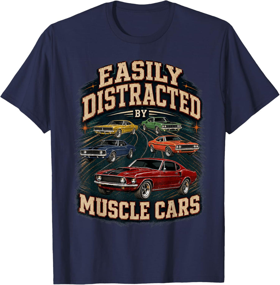 Easily Distracted By Muscle Cars Red Fastback Classic T-Shirt - Navy Blue