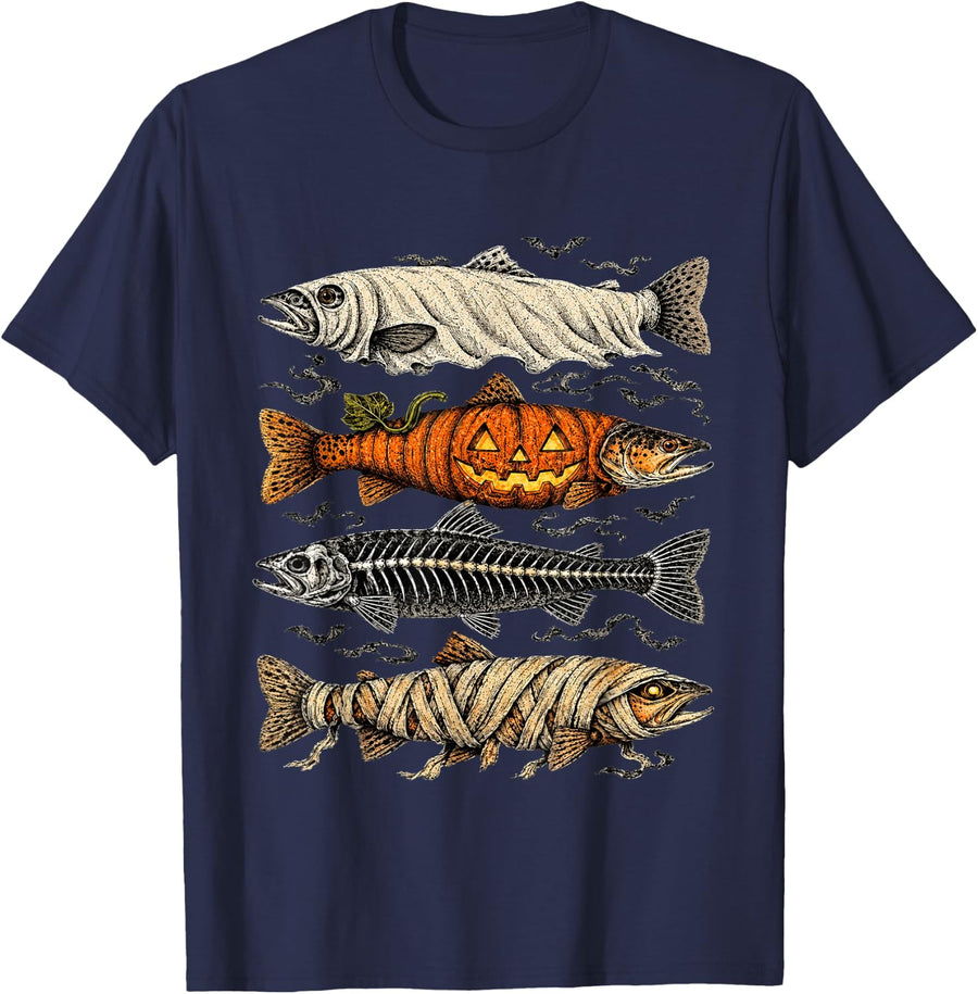 Halloween Trout Fish Ghost Pumpkin Skeleton Mummy T-Shirt - Navy Blue