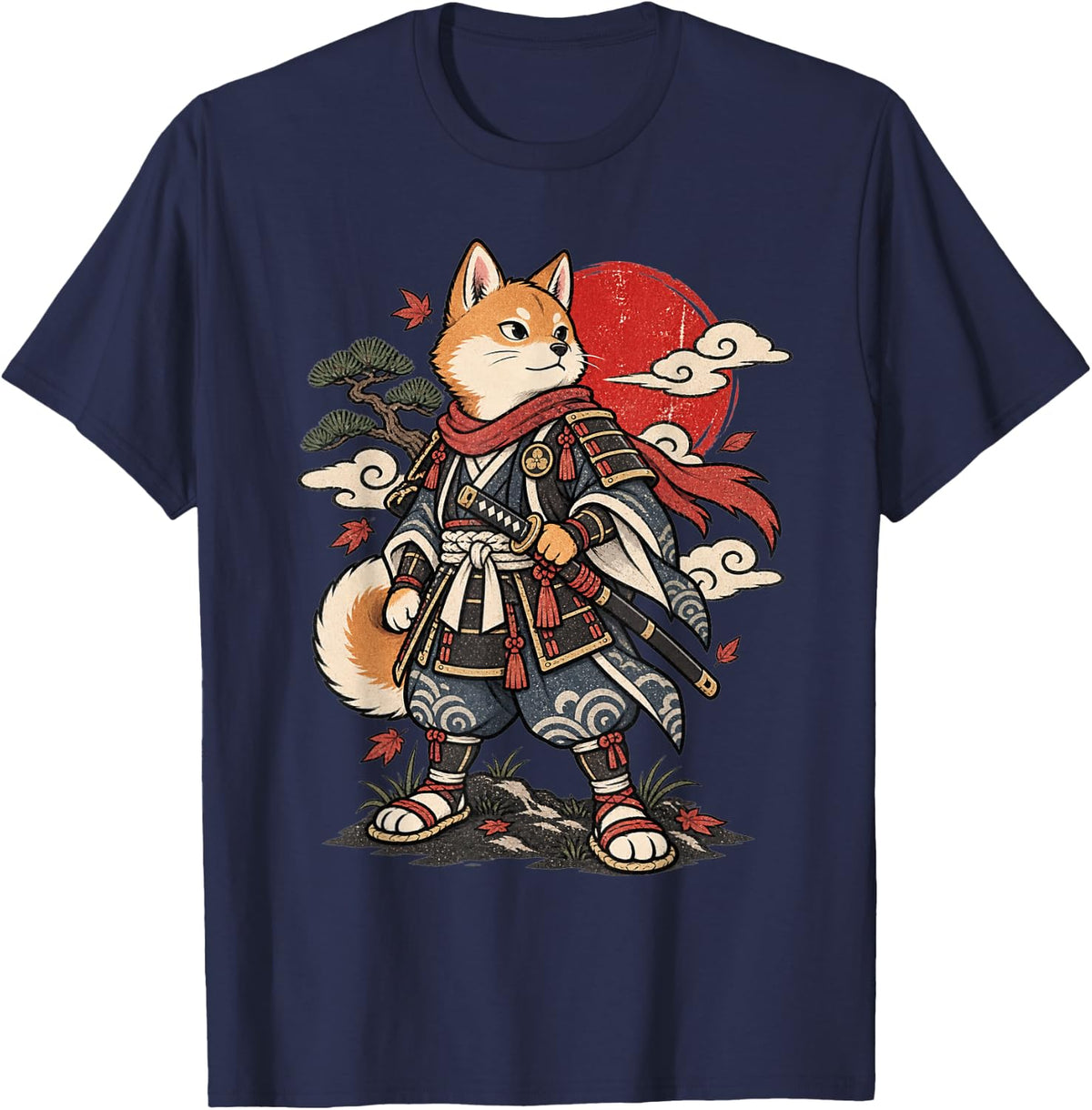 Shiba Inu Samurai Ronin Katana Japanese Dog Warrior Art T-Shirt - Navy Blue
