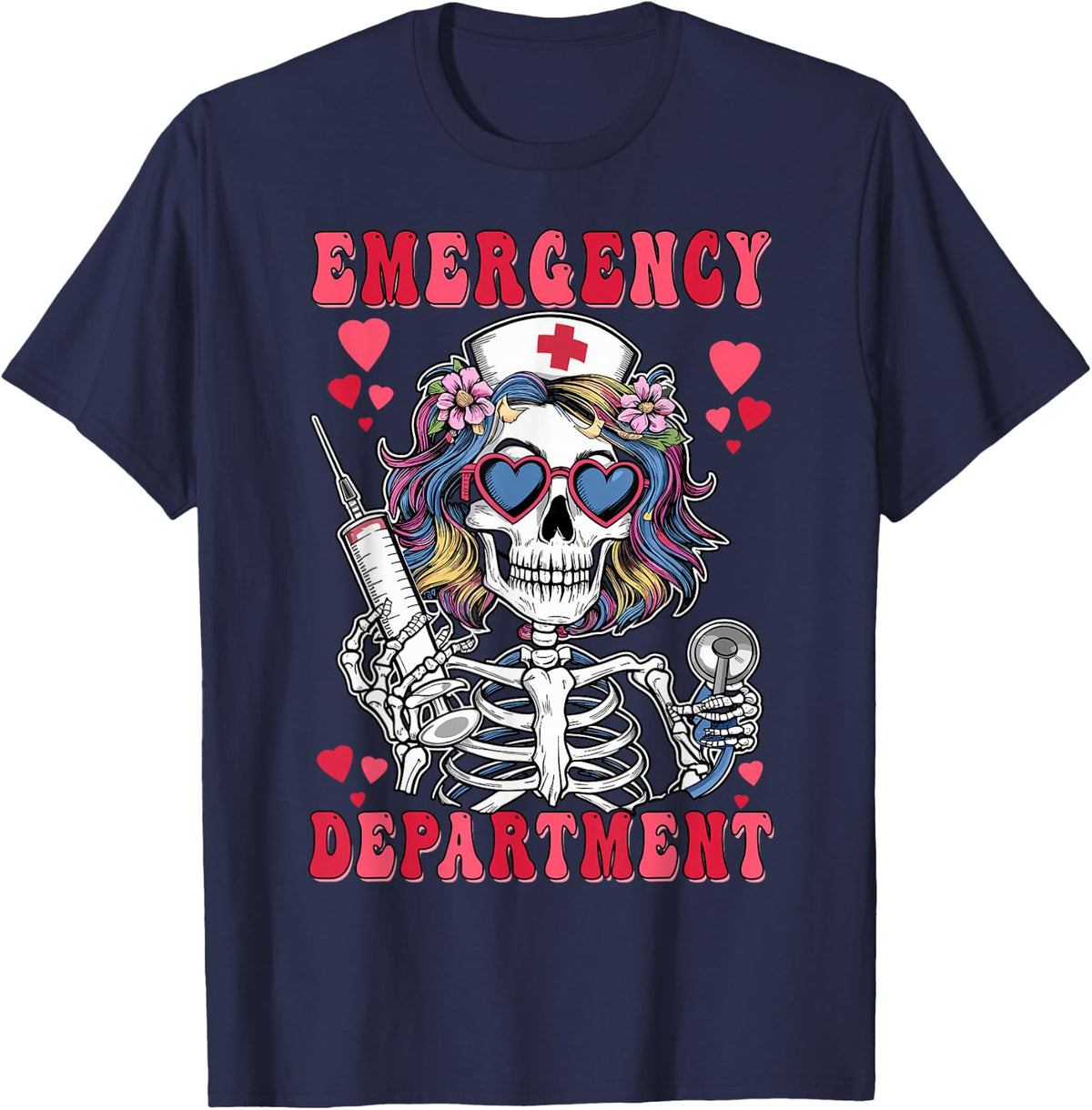 Emergency Department ED Nurse Skeleton Valentines Day T-Shirt - Navy Blue